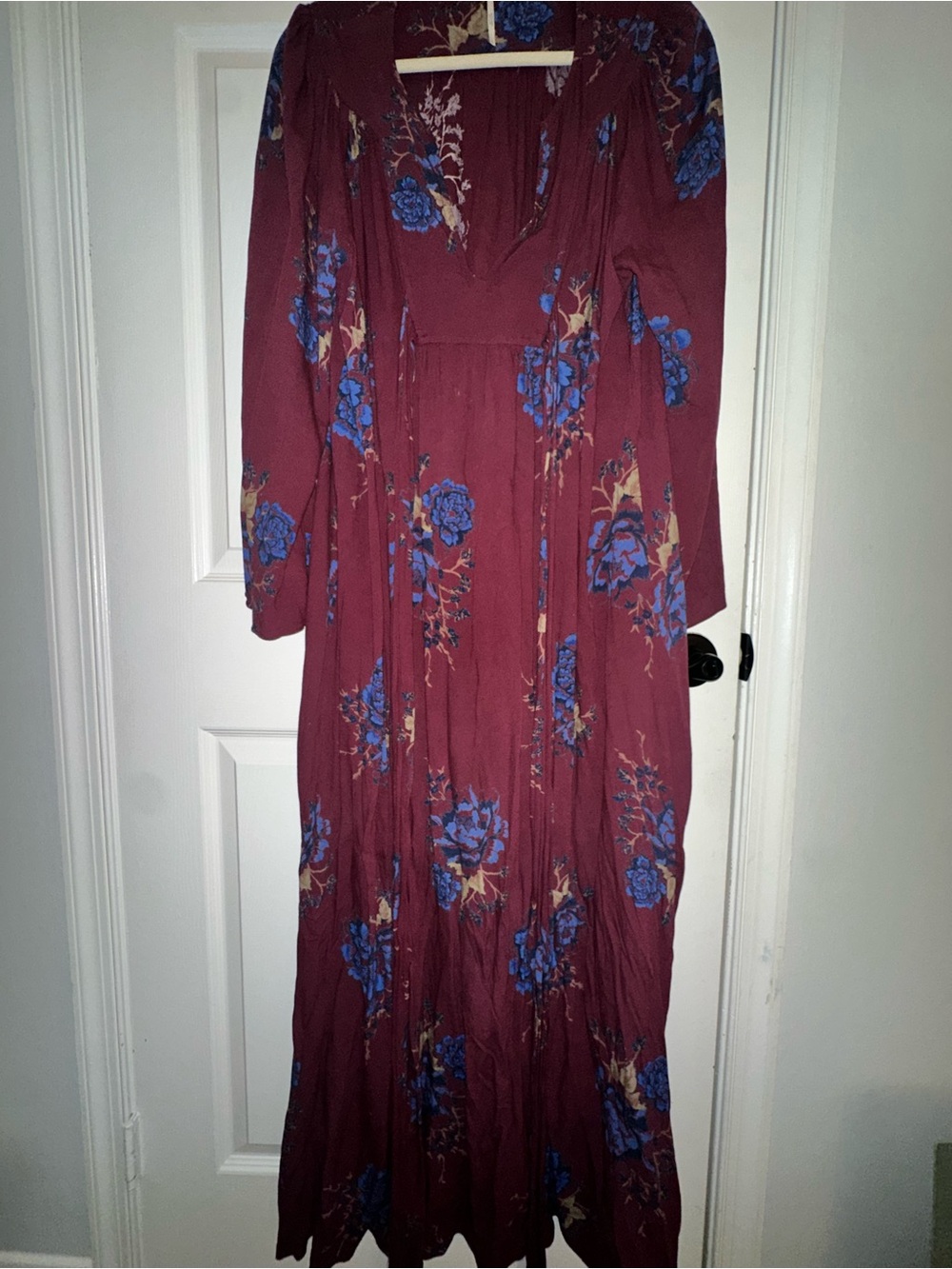 Free People Burgundy Maxi Dress with Blue Floral Print